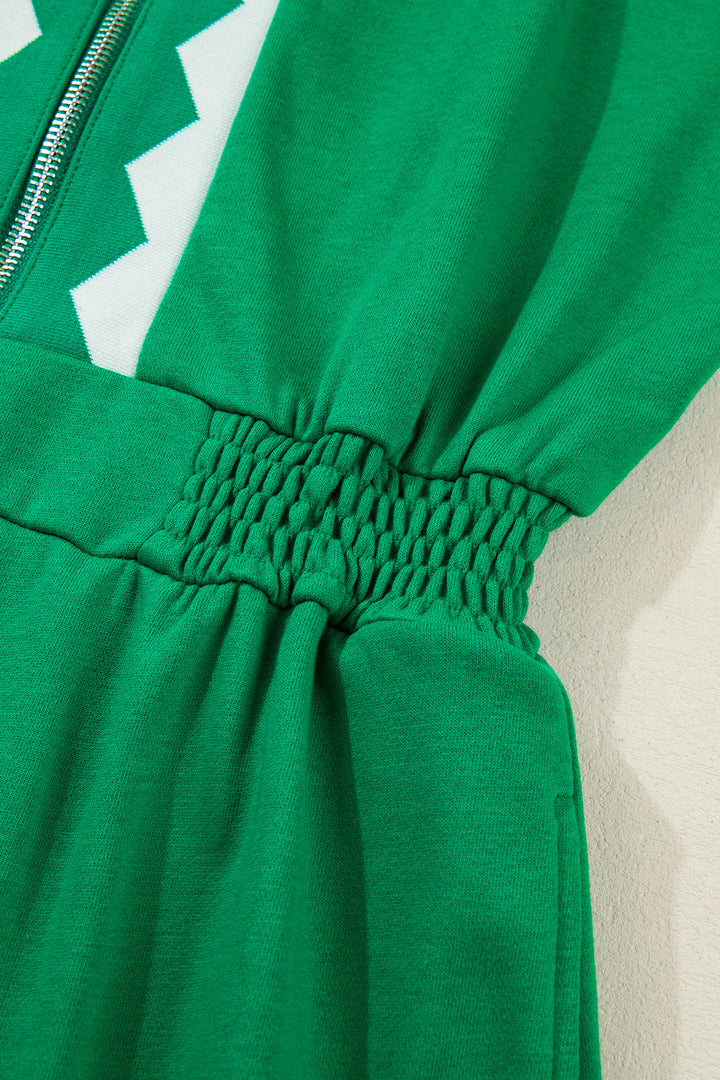 Bright Green Contrast Patchwork Half Zip Elastic Waist Short Sleeve Mini Dress