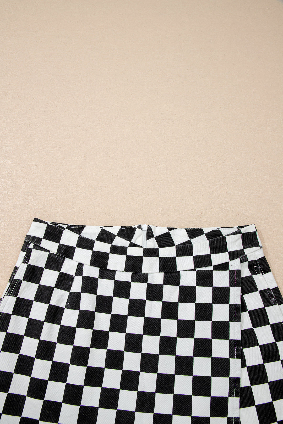 Black Checkered Print Overlap Denim Shorts