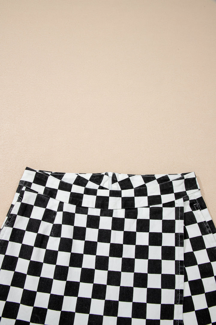 Black Checkered Print Overlap Denim Shorts
