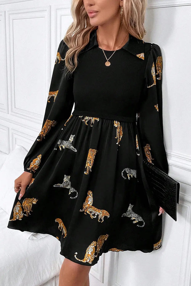 Black Vivid Leopard Print Long Sleeve Swing Dress -