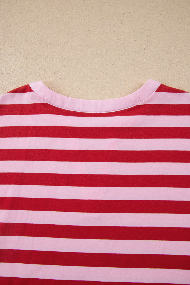 Pink Stripe Split V Neck Casual T Shirt