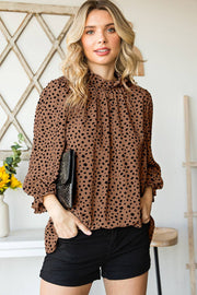 Brown Leopard Print Frill Neck 3/4 Sleeves Blouse -