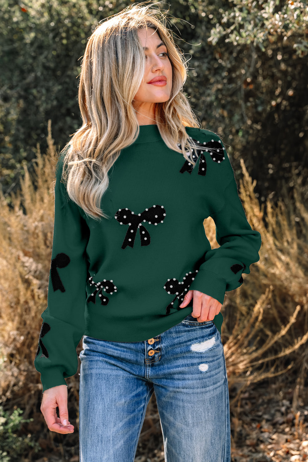 Pearl Embellished Bow Pattern Loose Sweater