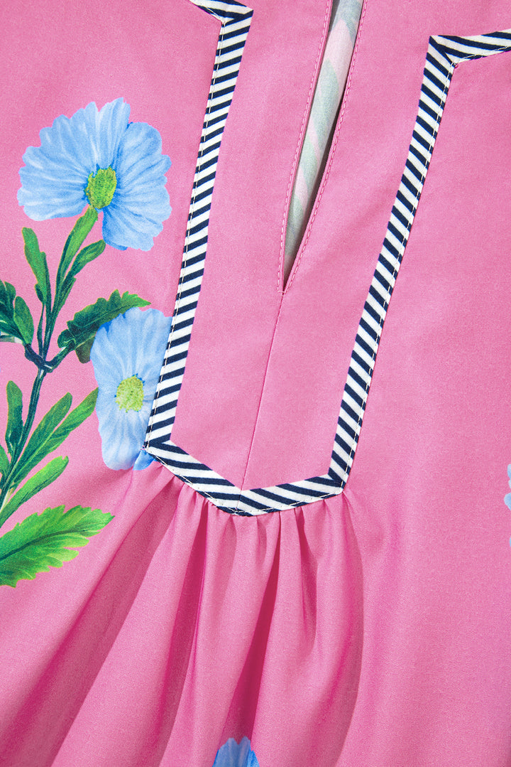 Floral Short Sleeve Split Neck Loose Mini Dress