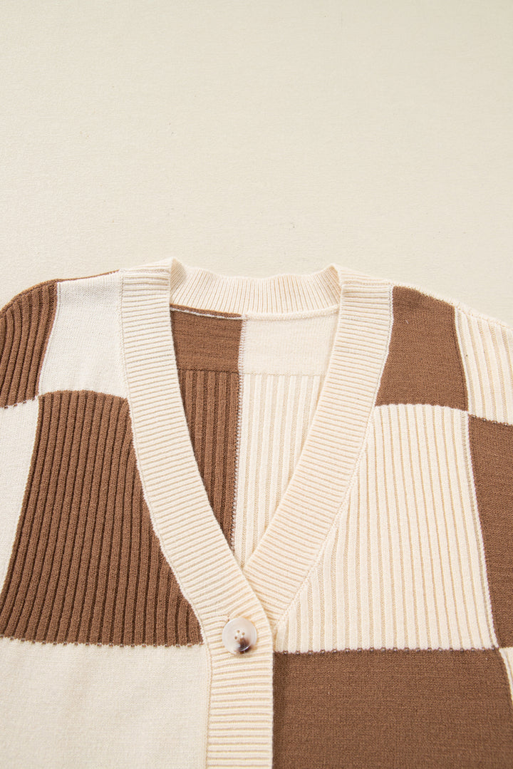 Khaki Checkered Ribbed Texture Knit Plus Size Cardigan Sweater