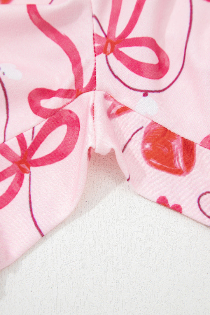 Red Romantic Bow Print Loose Tee Drawstring Shorts 2pcs Lounge Set