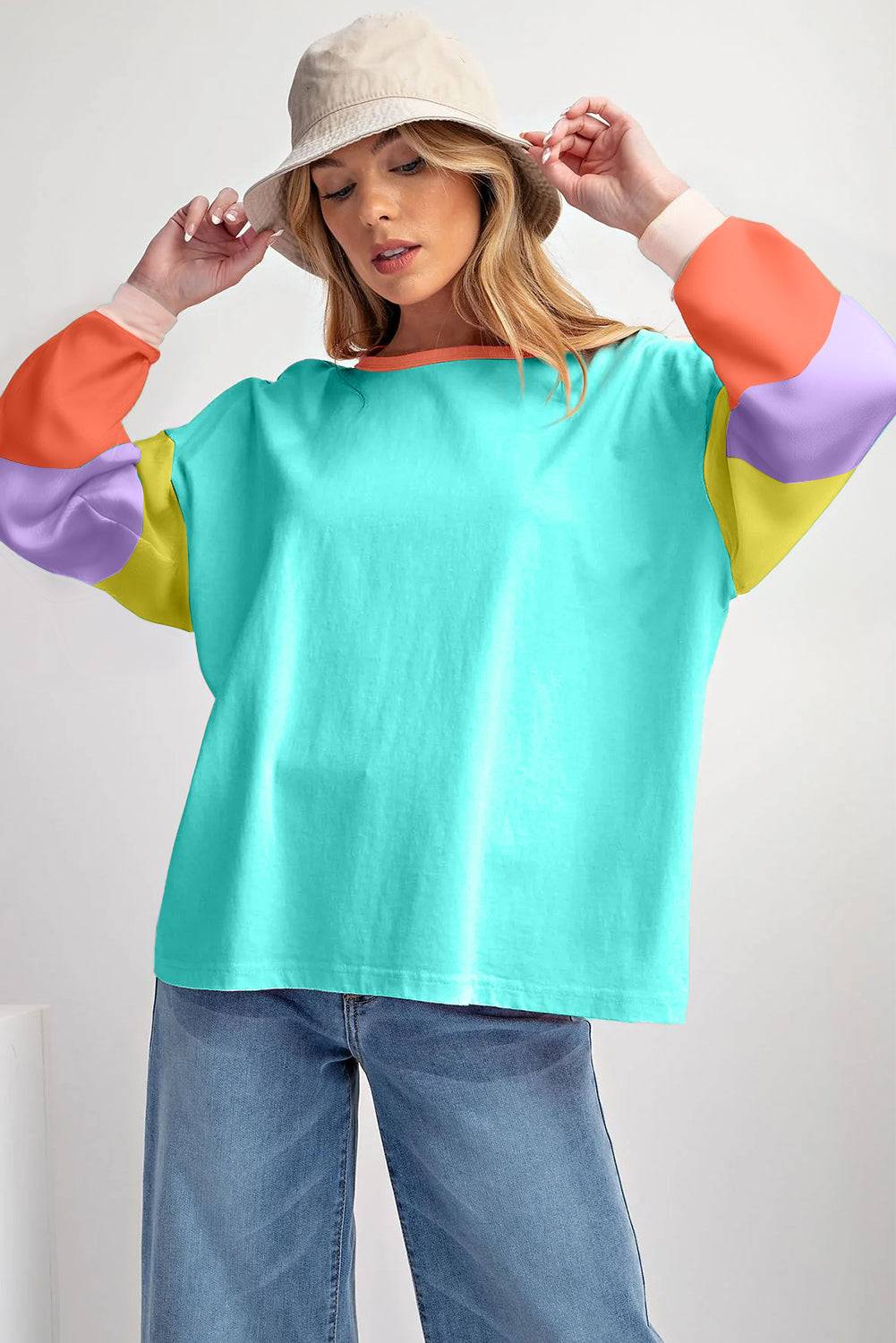 Light Blue Colorblock Patchwork Long Sleeve Loose Top