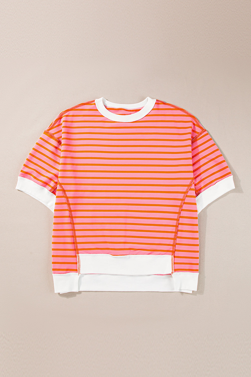 Stripe Oversized Contrast Trim Exposed Seam High Low T Shirt