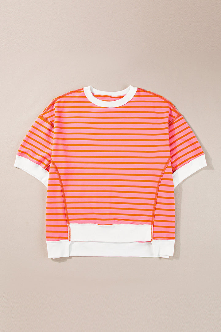 Stripe Oversized Contrast Trim Exposed Seam High Low T Shirt