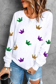 White MARDI GRAS Crown Graphic Drop Shoulder Sweatshirt -