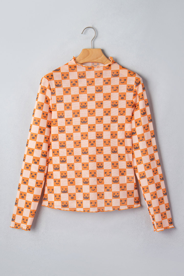 Orange Abstract Halloween Pattern Long Sleeve Stand Neck Shift Blouse