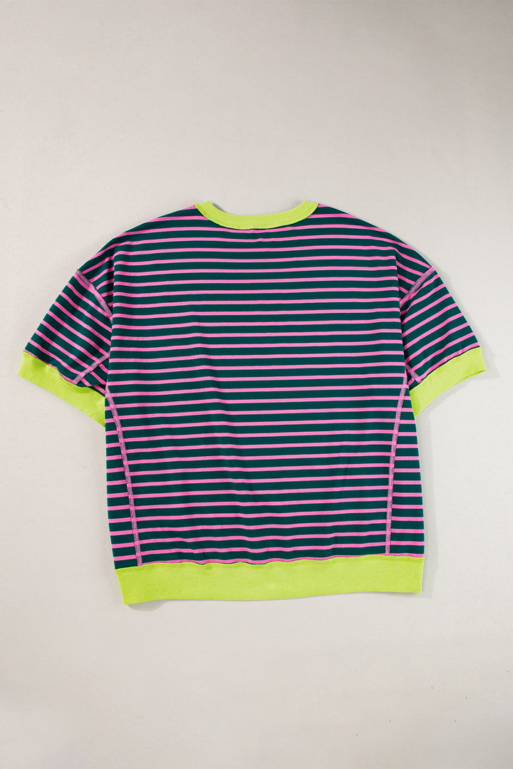 Stripe Oversized Contrast Trim Exposed Seam High Low T Shirt