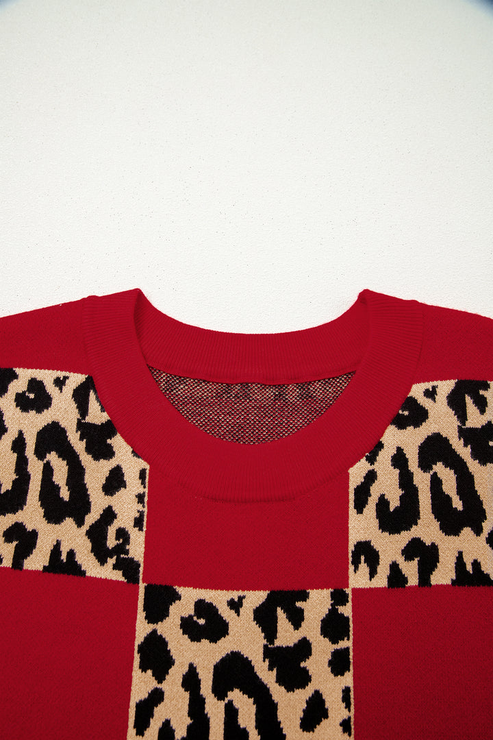 Plus Size Leopard Contrasted Checkered Short Sleeve Sweater