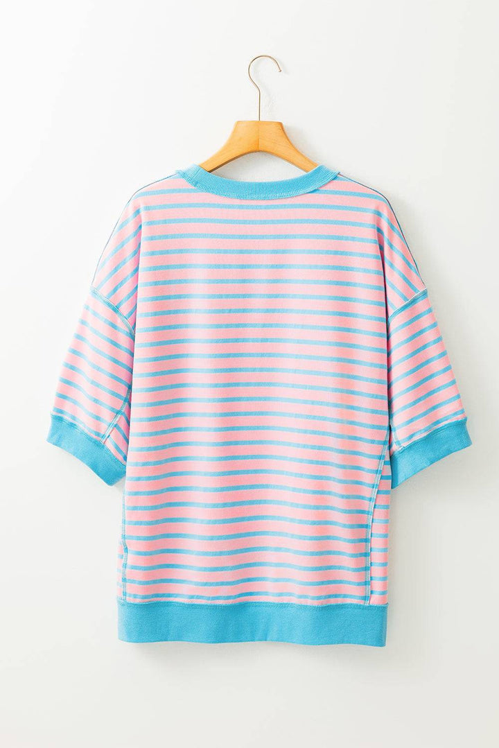 Stripe Oversized Contrast Trim Exposed Seam High Low T Shirt