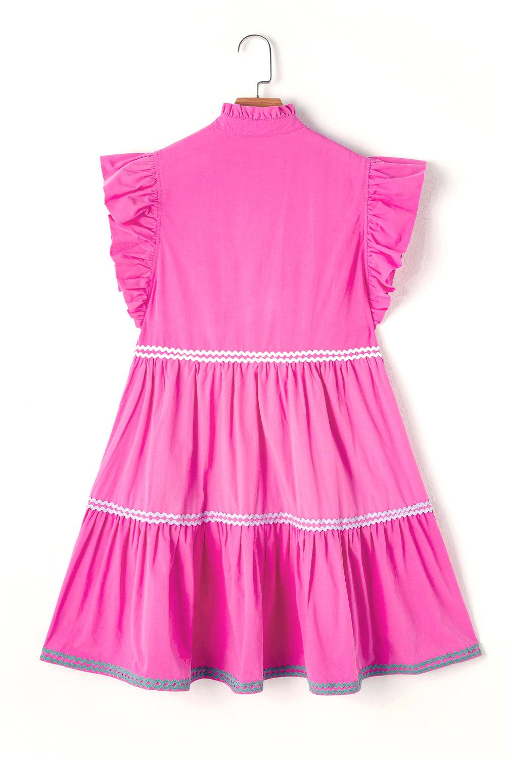Strawberry Pink Ric Rac Colorblock Flutter Sleeve V Neck Tiered Dress