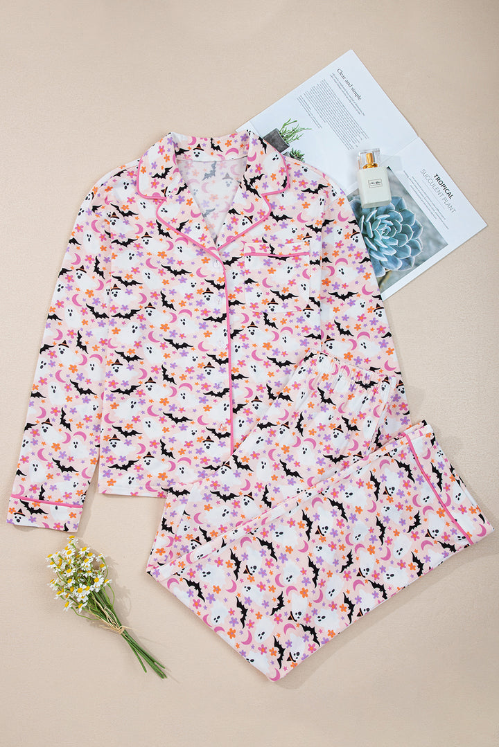 Pink Cute Floral Halloween Ghost Print Long Pajama Set