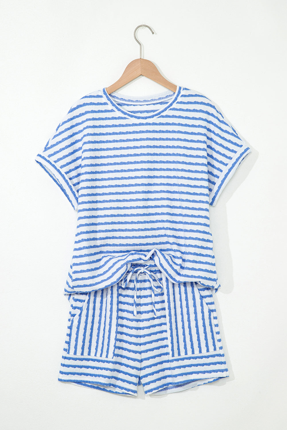 Stripe Knitted Short Sleeve Top and Drawstring Shorts Set