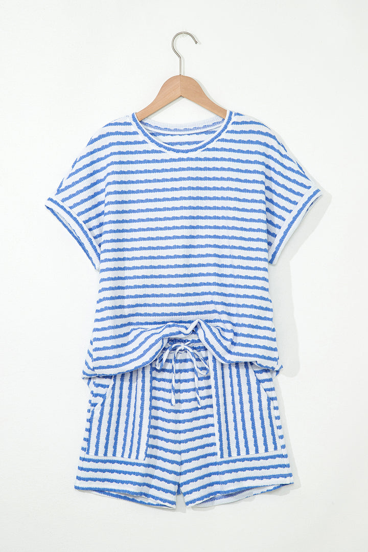 Stripe Knitted Short Sleeve Top and Drawstring Shorts Set