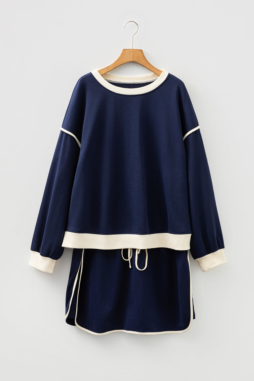 Navy Blue Plus Color Block Drop Shoulder Top and Lace-up Skirt Outfit