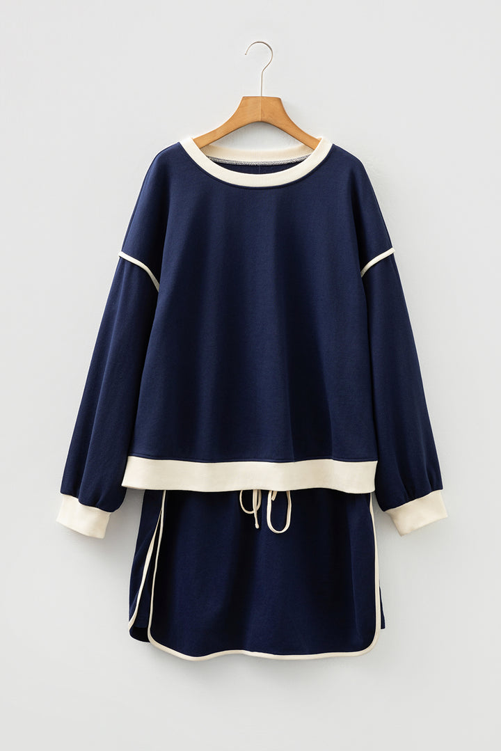 Navy Blue Plus Color Block Drop Shoulder Top and Lace-up Skirt Outfit