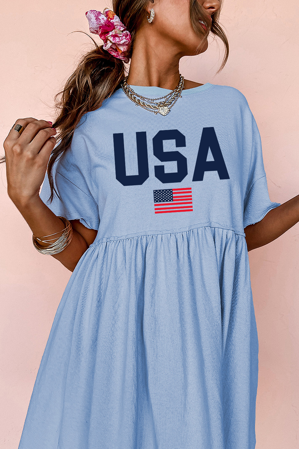 Sky Blue USA Flag Print Short Sleeve High Waist Babydoll Dress