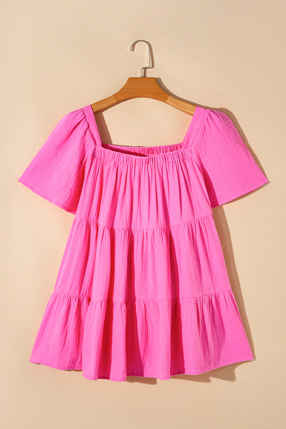 Bright Pink Textured Square Neck Flutter Sleeve Tiered Flowy Blouse