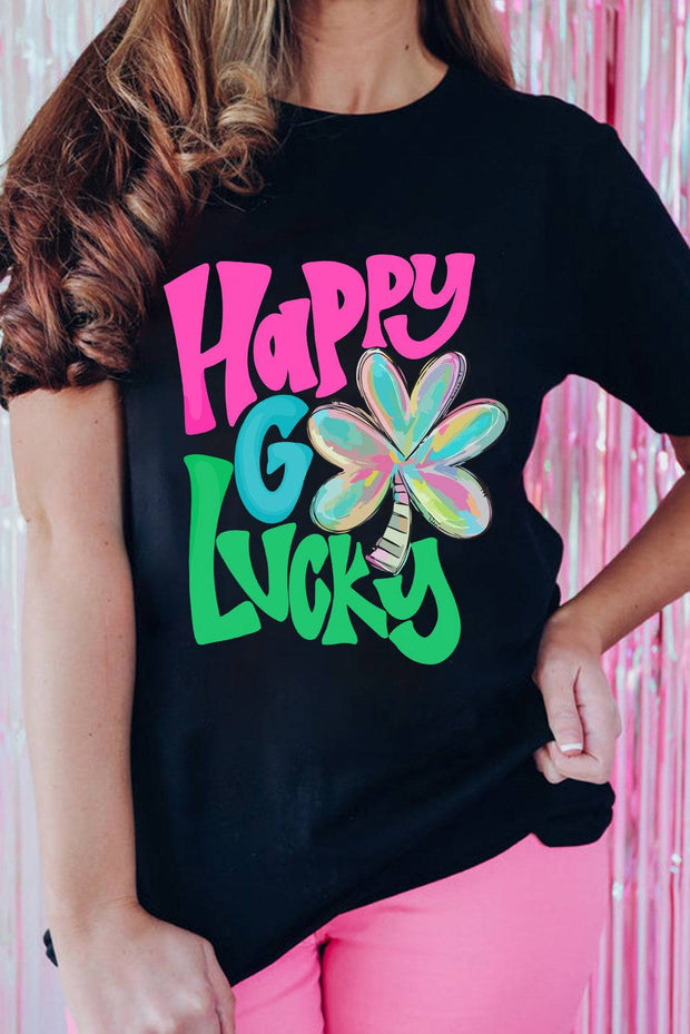 Black Happy GO Lucky Clover Graphic Crew Neck T Shirt - Black / S