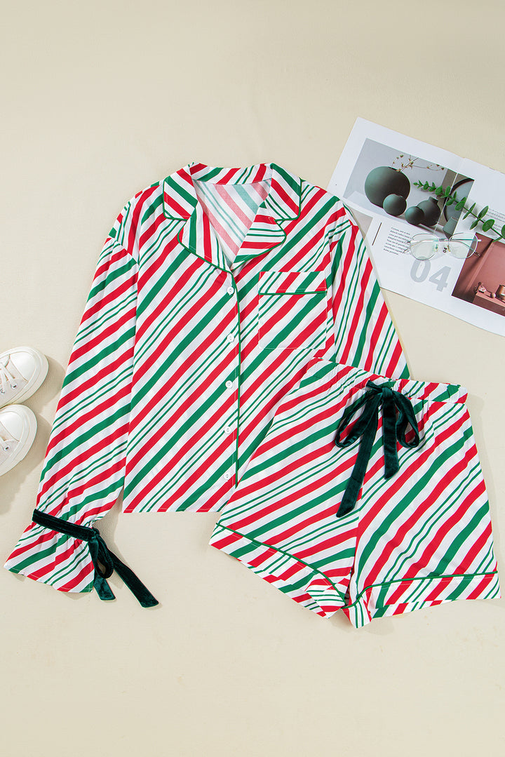 Green Stripe Contrast Velvet Ribbon Knot Christmas 2pcs Pajama Set