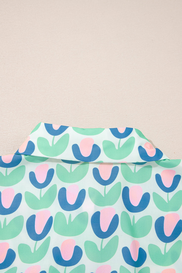 Green Floral Print Notched Neck Scalloped Detail Long Sleeve Mini Dress