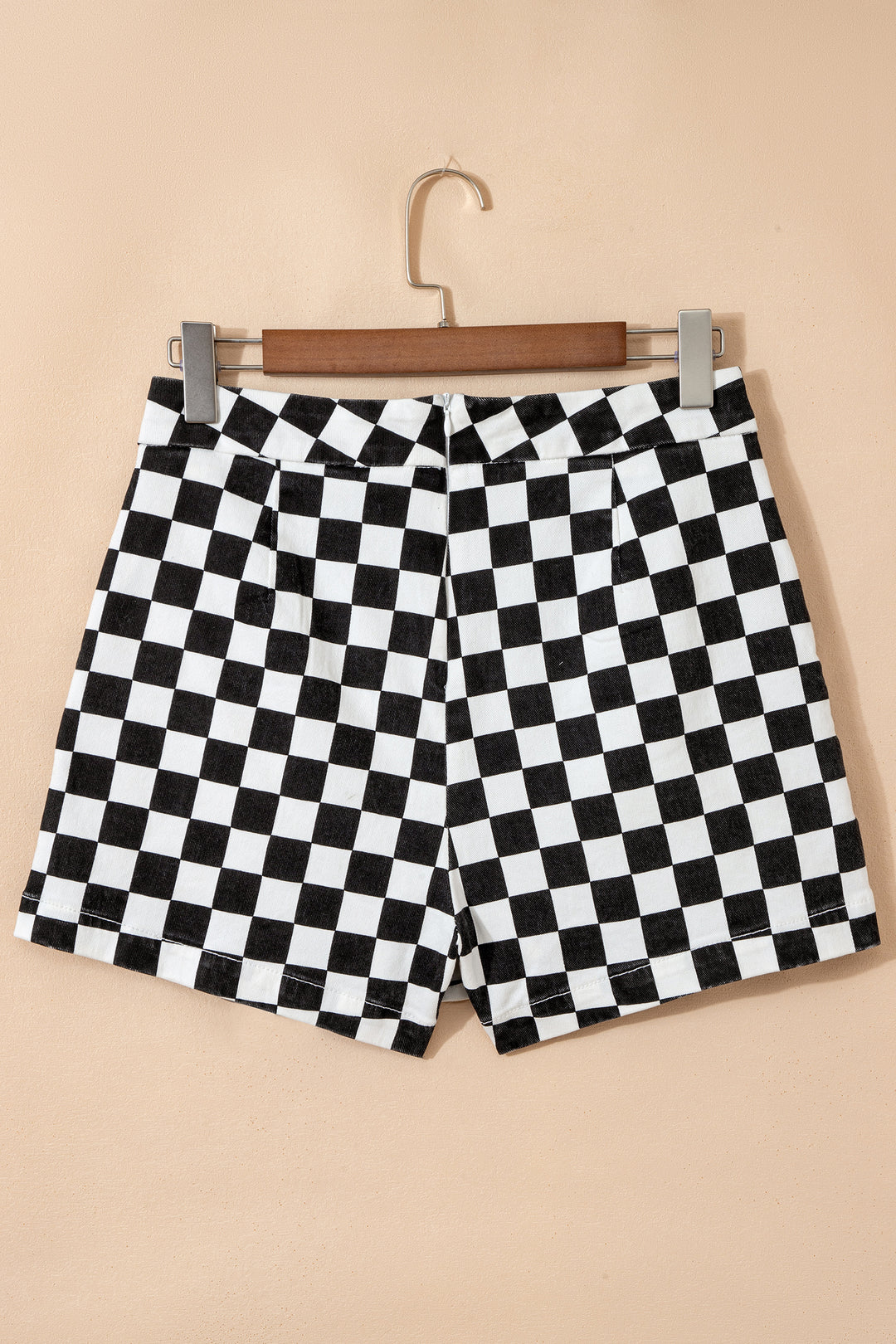 Black Checkered Print Overlap Denim Shorts