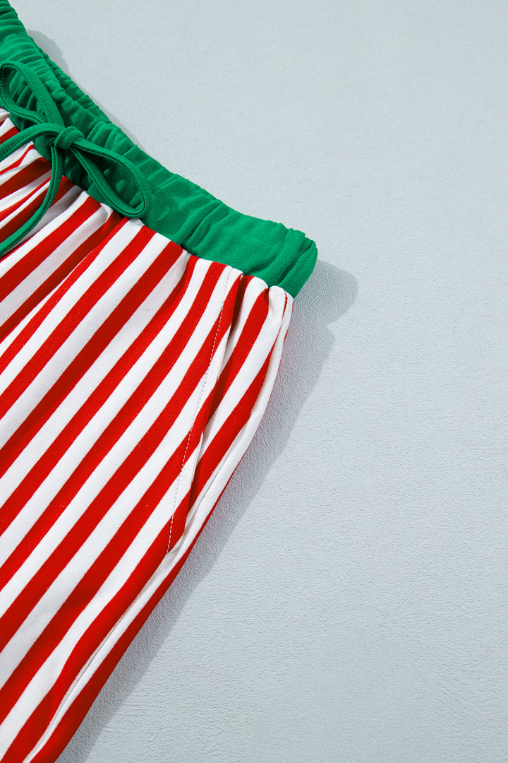 Red Stripe Colorblock Trim Polo Collar Drawstring Elastic Waist Band Casual 2pcs Outfit