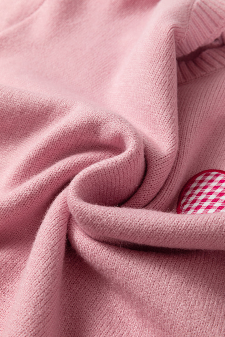 Light Pink Plaid Heart Embroidered Cuffed Drop Shoulder Crew Neck Sweater