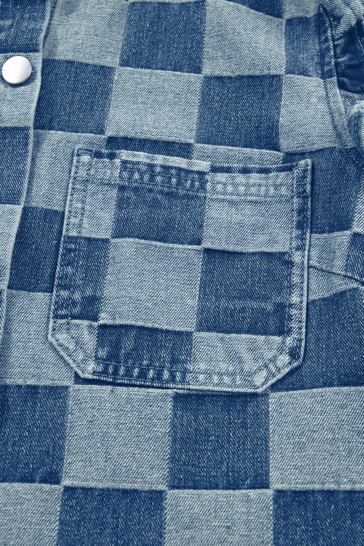 Beau Blue Checkered Ruffle Trim Button Down Denim Vest