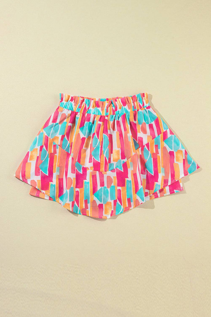 Rose Abstract Print A-line Ruffled Hem Shorts