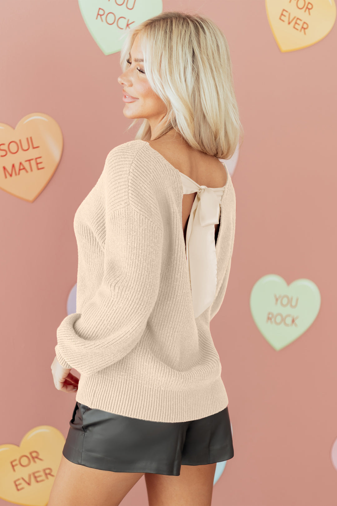 Ribbed Knit Ribbon Knot Backless Drop Shoulder Sweater