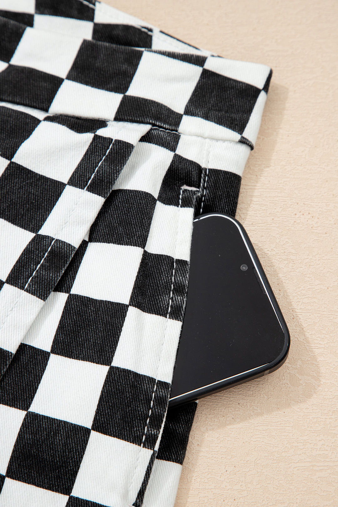 Black Checkered Print Overlap Denim Shorts