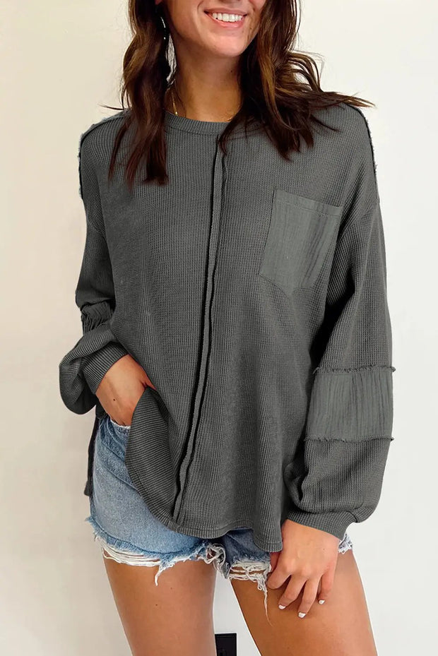 Pink Exposed Seam Patchwork Bubble Sleeve Waffle Knit Top - Gray / 2XL / 62.7%Polyester+37.3%Cotton