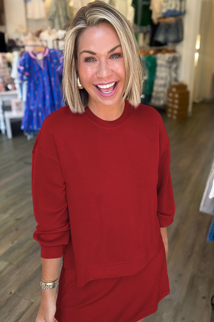 Solid Color Drop Shoulder Pullover Drawstring Mini Skirt 2pcs Outfit