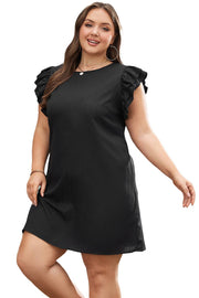 Black Plus Size Ruffle Sleeve Rib Textured Mini Dress -