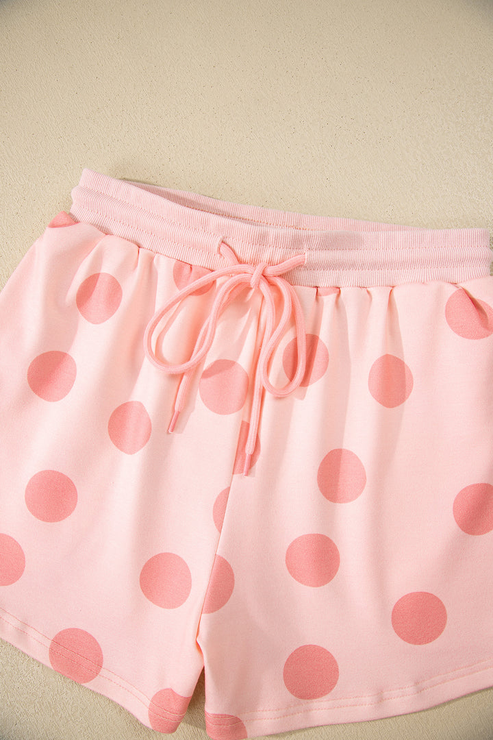 Polka Dot Print Drop Shoulder Pullover Drawstring Shorts Set