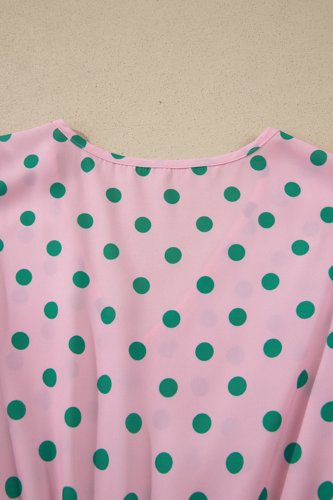 Pink V Neck Polka Dot Print Drawstring Tiered Babydoll Blouse