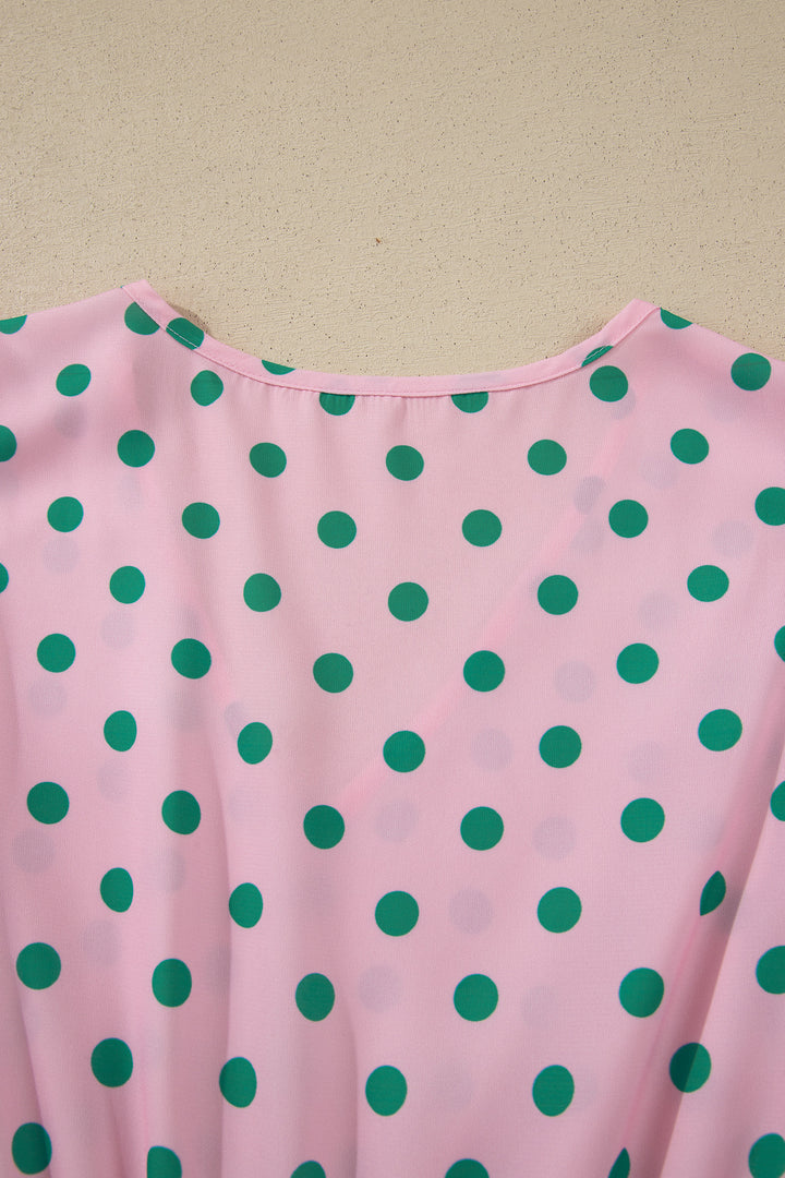 Pink V Neck Polka Dot Print Drawstring Tiered Babydoll Blouse