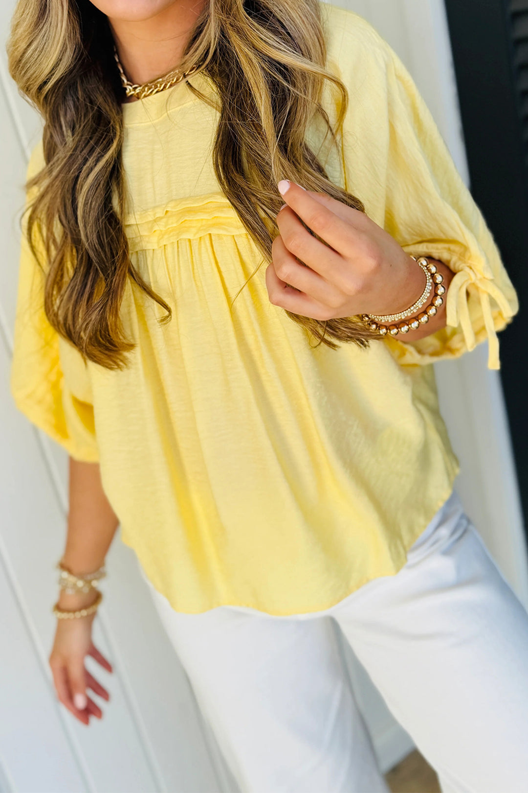Tie Half Sleeve Pleated Detail Babydoll Blouse