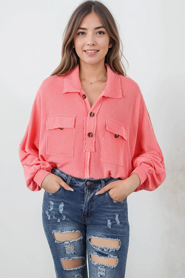 Pink Corded Flap Pocket Henley Top -