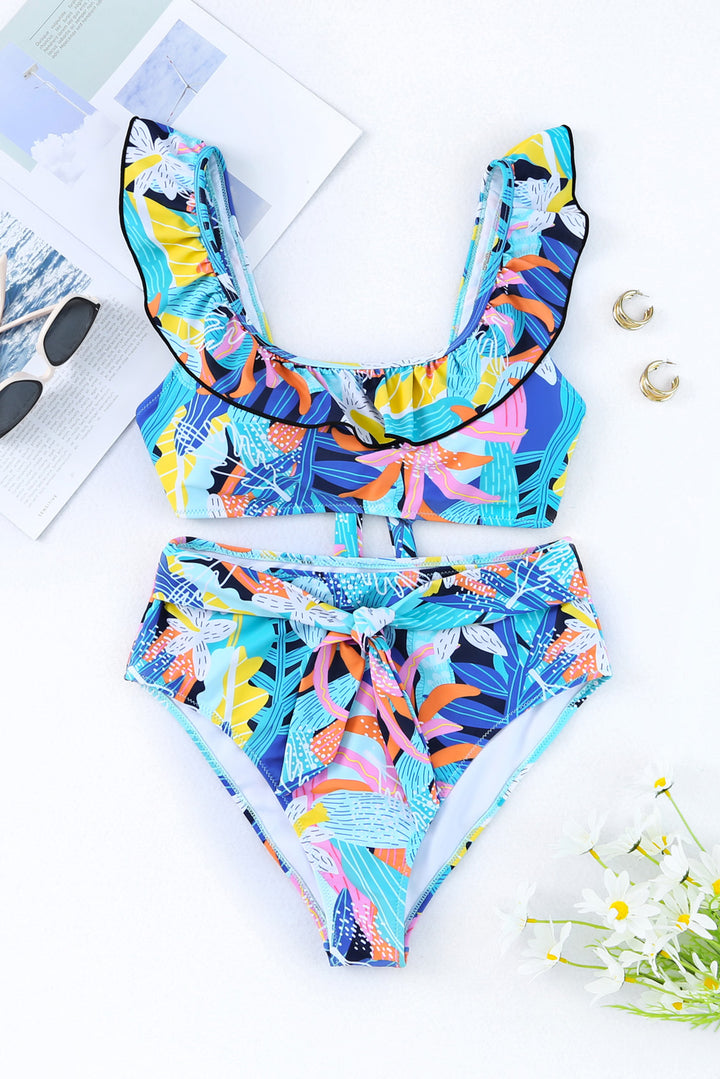 Green Tropical Print Ruffled Front Knot Two Piece Swimwear