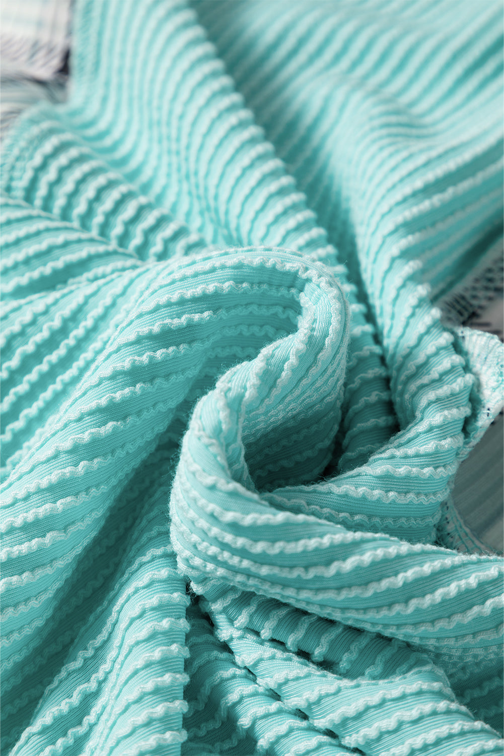 Aruba Blue Corded Texture Plaid Colorblock Patchwork Split Neck Long Sleeve Top