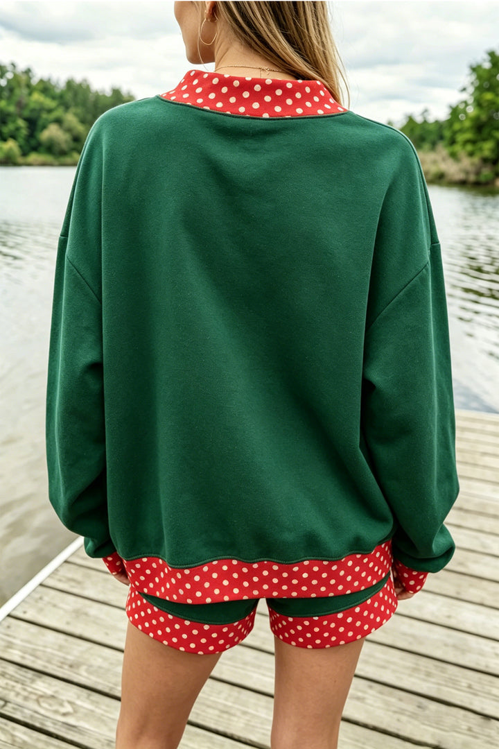 Polka Dot Trim Baggy Pullover 2pcs Short Set