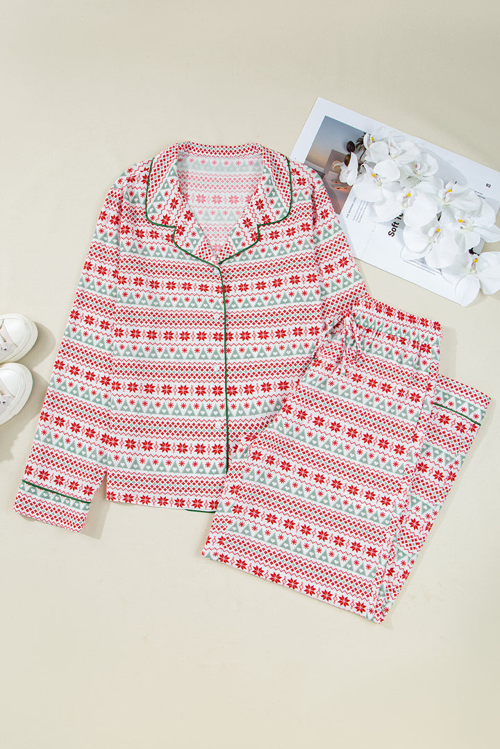 White Christmas Pattern Print Shirt Style Long 2pcs Pajama Set