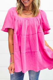 Pink Crinkled Flounce Sleeve Tiered Blouse
