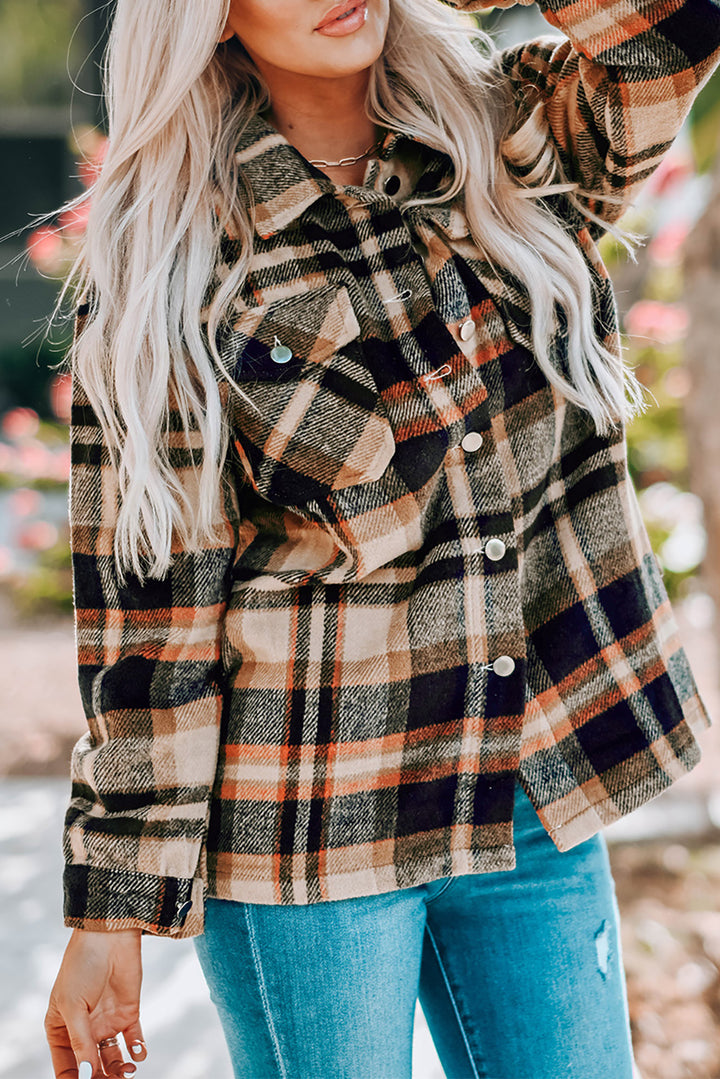 Geometric Plaid Print Pocketed Shacket - Orange / 2XL / 100%Polyester